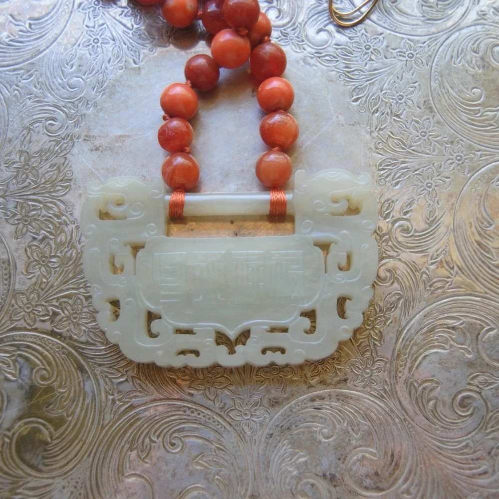 Antique Estate Jade & Coral Necklace - Picture 5 of 6